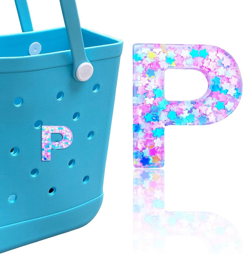 HLUWA Letter Charms for Bogg Bag, Alphabet Pink Star Sequin Lettering Accessories Charms for Bogg and Simply Southern Bag, Insert Decorative Letters Charm for Handbag Beach Tote Bag. - Image 1